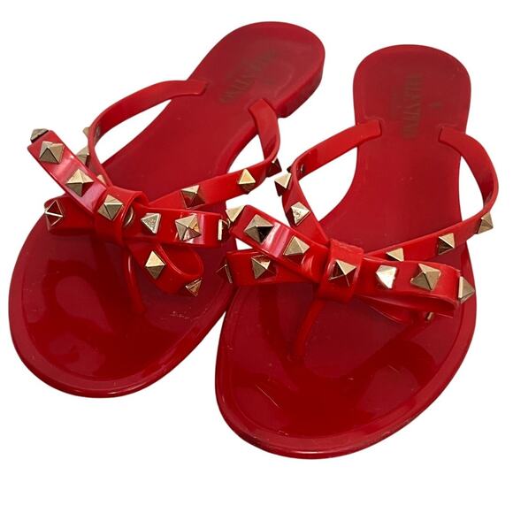 Valentino Garavani Shoes - Valentino Garavani Rock Stud Red Bow Detailed Jelly Thong Sandals Size 39 (9)
